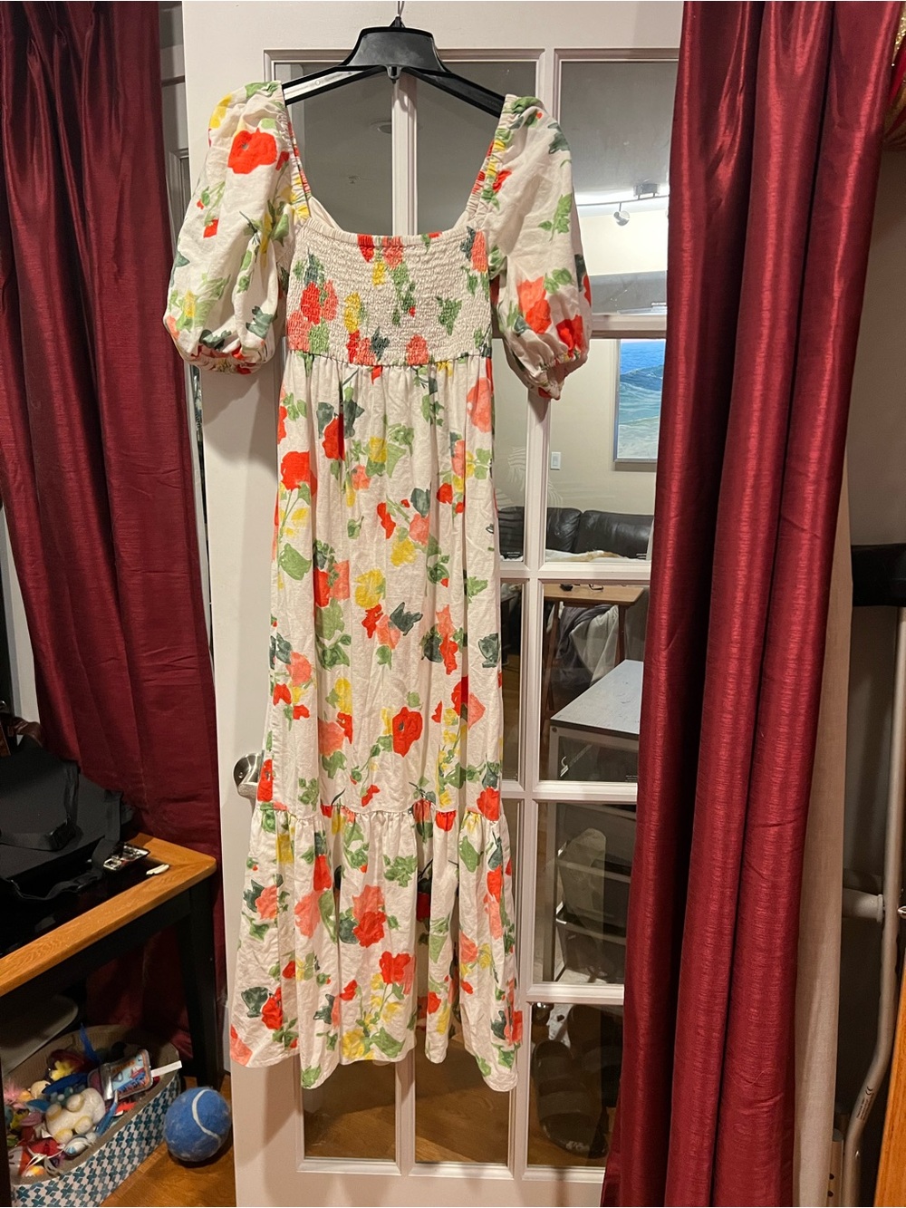 Sezane Cream Maxi Dress with Red & Green Floral Print